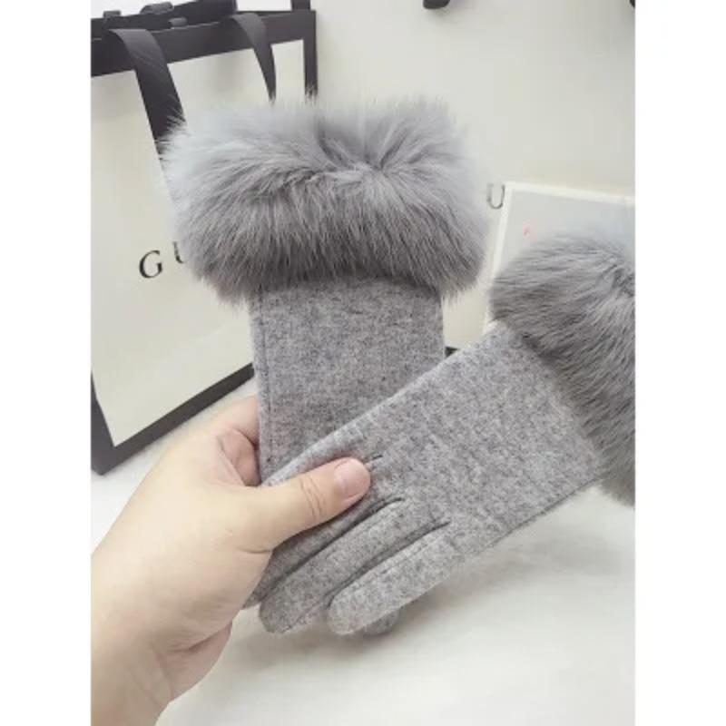 Rabbit Fur Gloves Female Winter Velvet Thicken Warm Mittens Cashmere Full Finger Embroidery Wool Touch Screen Driving Gloves H65