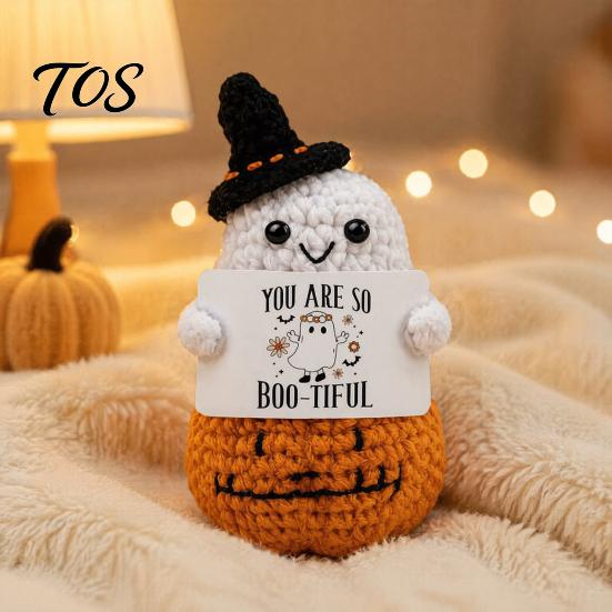 Whimsical Witch Hat Pumpkin Doll Hand Knitted Halloween Ghost Ornament, Crochet Plush with Adorable Holiday Party Favor Encouragement Card,