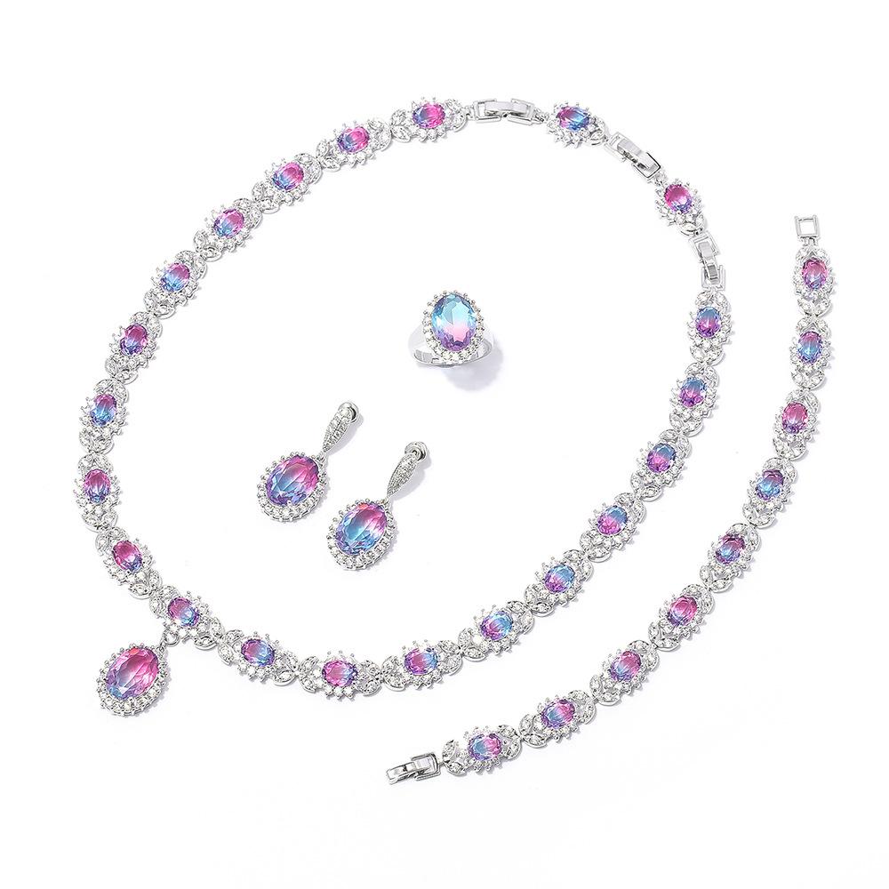 Romantic Rainbow Girl Necklace Jewelry Set Women'S Fashion Four-Piece Set 925 Earrings Necklace Ring Bracelet