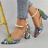 Fashion Aphixta Snake Pattern High Heel Sandals Summer Elegance Retro Women's Square Heel Sandals Size 33-46 Pearl Chain Design