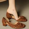 Fashion Women's Natural Suede Leather Mid Heels Shoes 2025 Fashion Flower Decoration Slip On Pumps Square Toe Elegant Ladies Dress Shoes