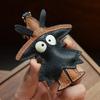 Handmade Leather Cute Black Grass and Hat Elf In Straw Hat Bag Charm Key Chain Key Ring