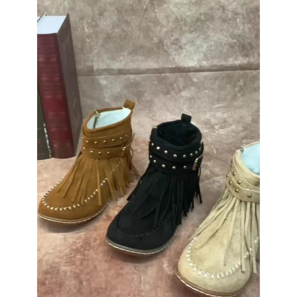 Женские ботинки в западном стиле с дизайном бордюра Су, на плоском каблуке, на молнии с одной стороны, повседневные и удобные для любого сезона, ботильоны с кисточками | Дизайн с тонкой строчкой