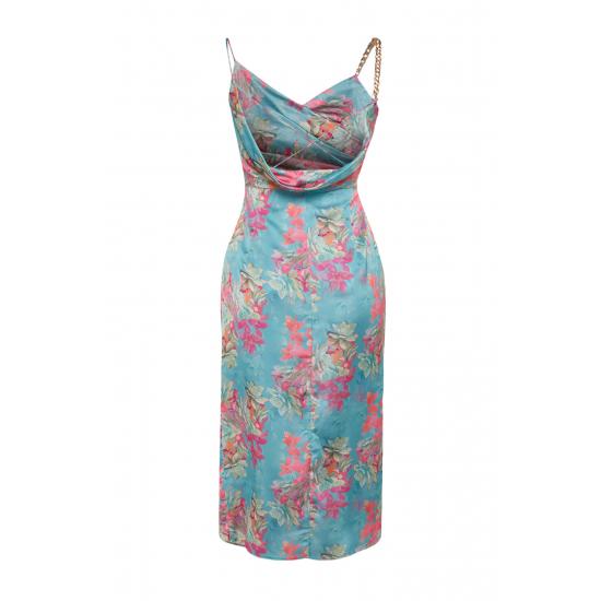 Multi Colored Floral Printed Satin Dress