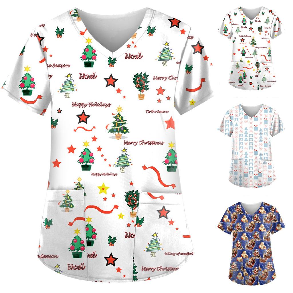 Женские топы с короткими рукавами и v-образным вырезом с рождественским принтом, рабочая блузка с карманами, рубашки, униформа