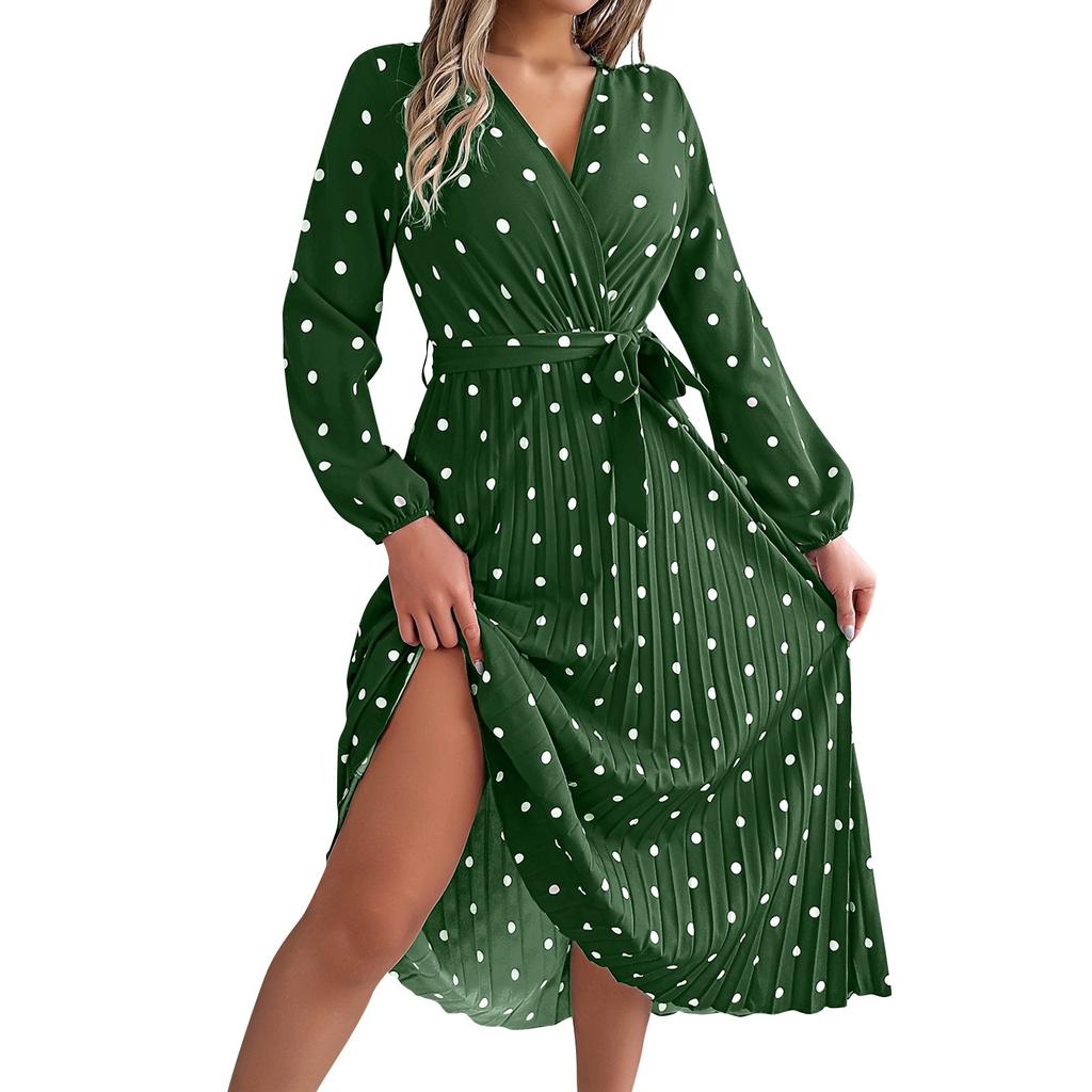 Женское модное элегантное плиссированное длинное платье в горошек с крестом и V-образным вырезом с длинными рукавами и галстуком