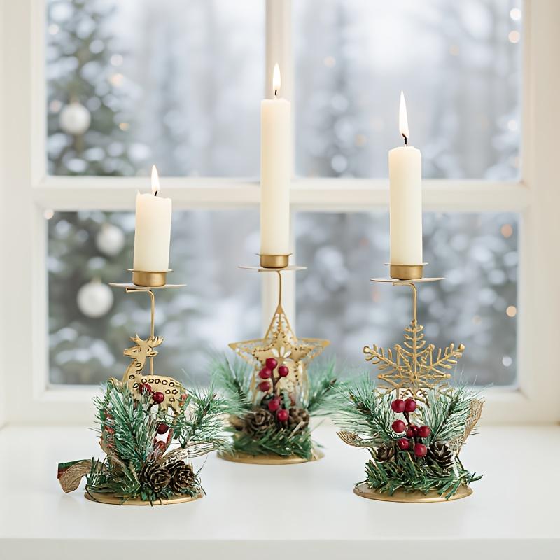 3pcs Golden Cast Iron Christmas Candle Holder Set Suitable for Window Display & Tabletop - Perseverance