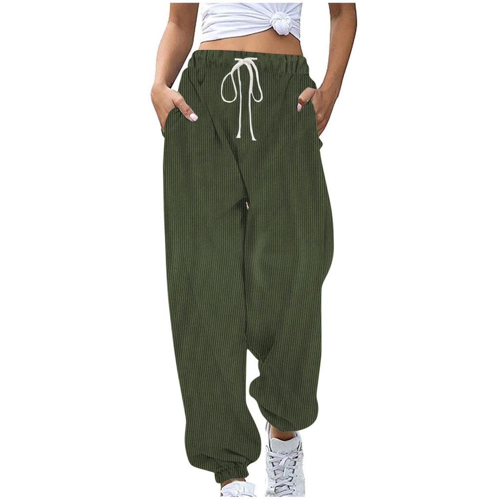 Women's Solid Colour Elastic Drawstring Waist Corduroy Drawstring Casual Side Pocket Trousers