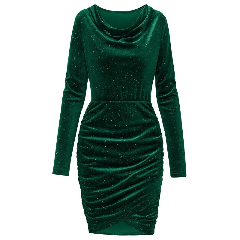 Осенне-зимнее модное женское повседневное однотонное розовое бархатное платье с длинным рукавом с развевающимся вырезом и длинными рукавами