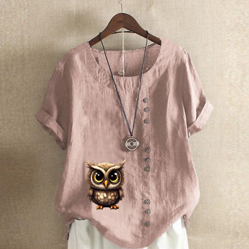 Women's Fashion Owl Prined Short Sleeve T-shirt Loose Cotton Shirt Casual Loose Summer Blouse Tops Plus Size