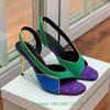 Fashion Meatl Stiletto High Heel Suede Mixed Color Splicing Sandals Slip On Women Fashion Sandals Slingback Catwalk Design Luxury Shoes