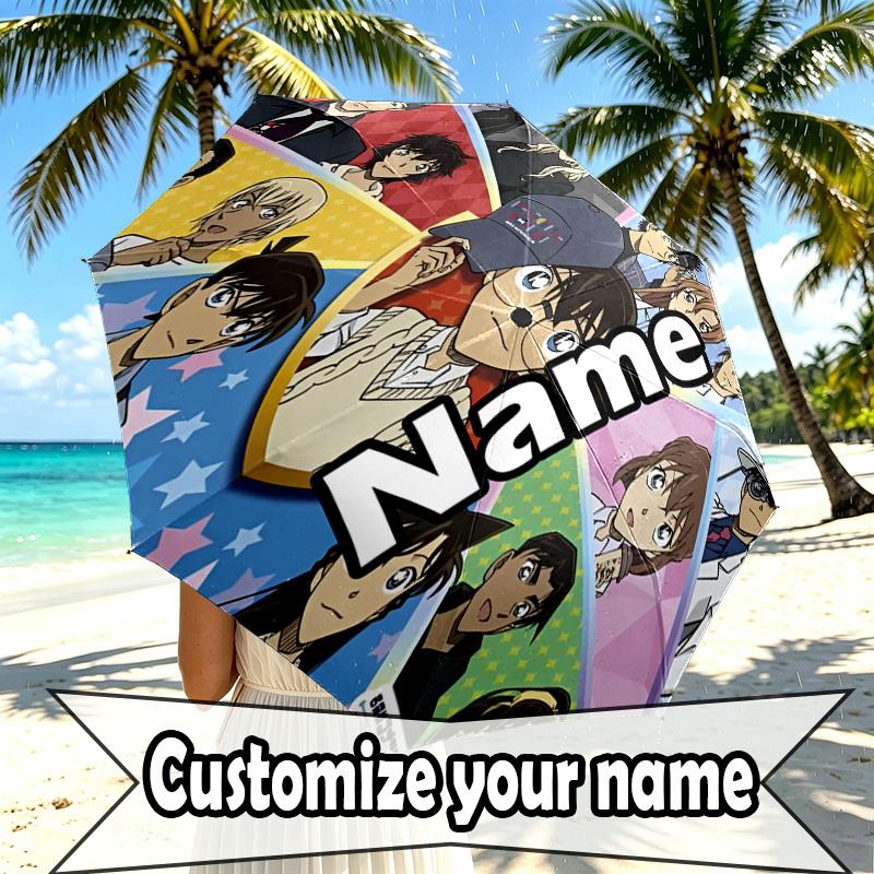 Custom Name Personalized Detective Conan Print Umbrella, Auto Open Close, 8‑Rib Sturdy Frame, Commute Camping Hiking Use, Birthday Gift