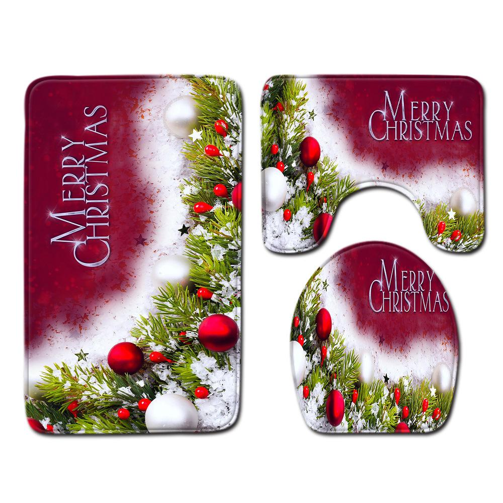 Christmas Bathroom Non-Slip Door Mat, Shower Curtain Floor Mat Combination Four-Piece Toilet Absorbent Carpet