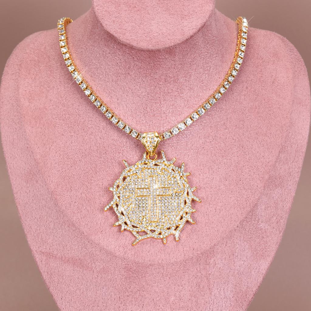 Factory Straight Hair New Thorn Cross Necklace Zinc Alloy Rhinestone Full diamond Pendant Necklace