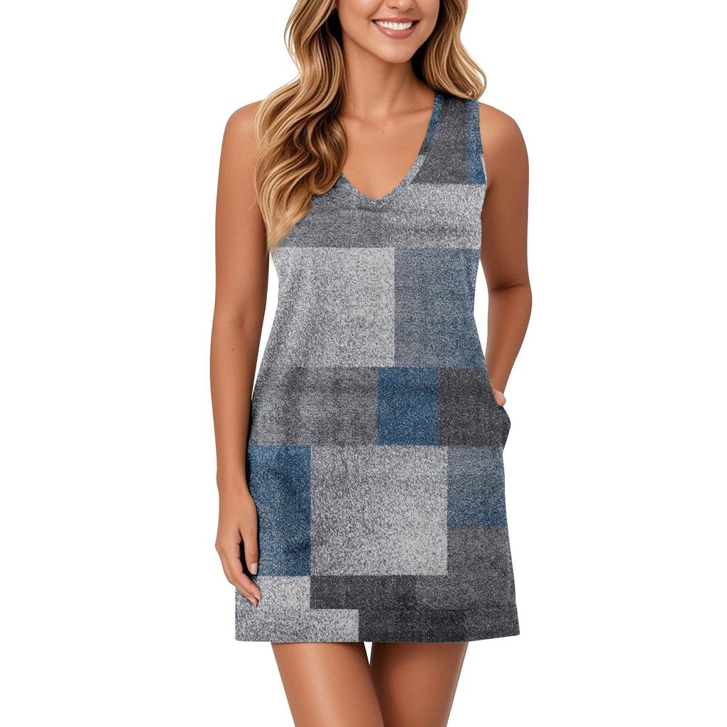 Женский сарафан с V-образным вырезом, без рукавов, повседневное платье с геометрическим принтом и карманами