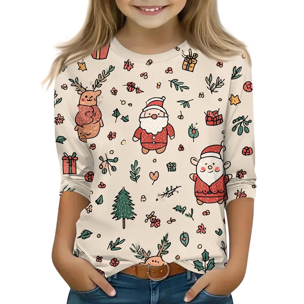 Children's 3/4 Sleeve Round Neck Top Christmas Tree Printed Everyday Casual Top