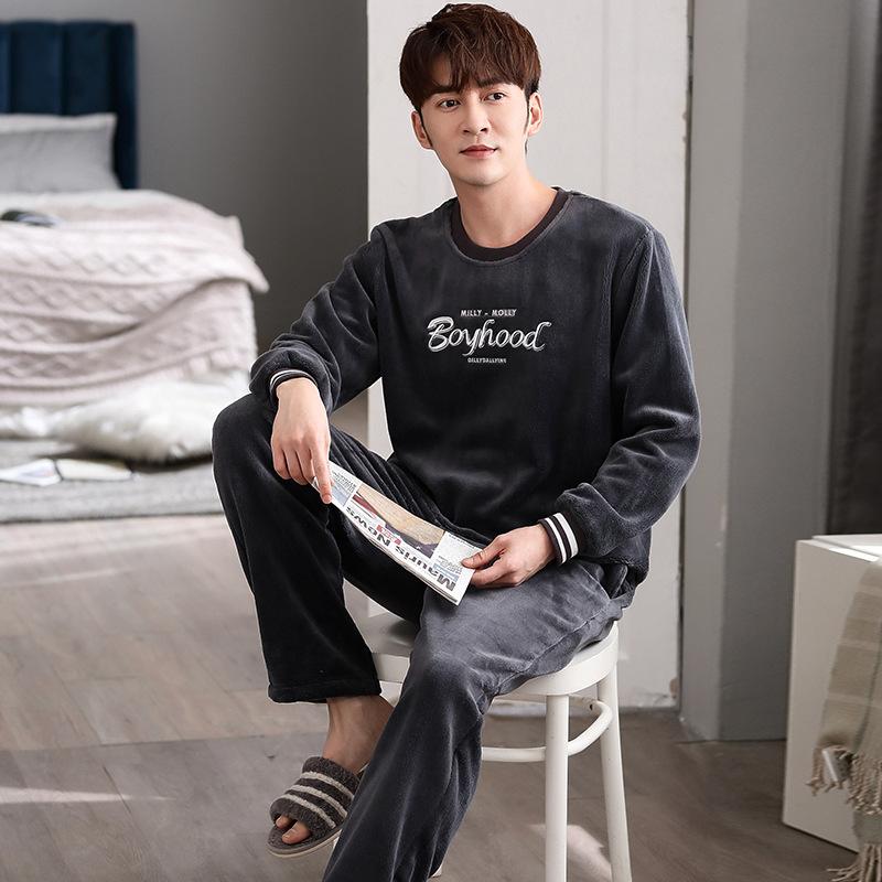 Фланелевая пижама мужская осенне-зимняя пуловер для тепла зимний флис утолщенный коралловый флис мужской комплект для дома