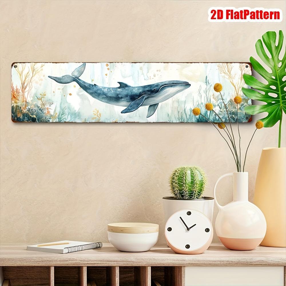 2D Flat, 2D Flat 1pc 16x4in Sign - 2D Flat, 1pc Vintage Watercolor Whale and Seaweed Metal Wall Art Sign - Rustic Blue Whale and Green Seaweed Design,