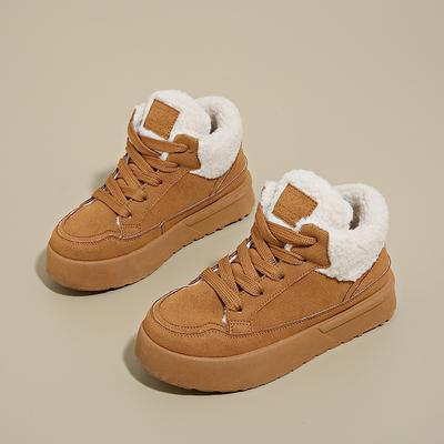 Модная повседневная обувь для женщин на зиму с плюшем, низкий верх, 2024, универсальная новая обувь на толстой подошве на шнуровке, теплая спортивная обувь, ботинки на платформе