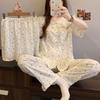 Mori Маленький цветочный Высококачественный Облачный хлопок Кружевная пижама с кукольным воротником Женский летний комплект из трех предметов с коротким рукавом