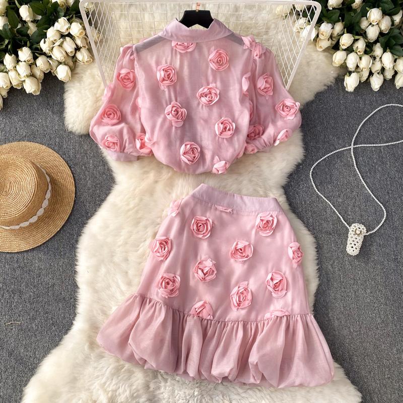 Женские комплекты в стиле французского ретро, ​​новая модная летняя рубашка с короткими рукавами с 3D цветком, топы + пышная юбка, костюм из двух предметов