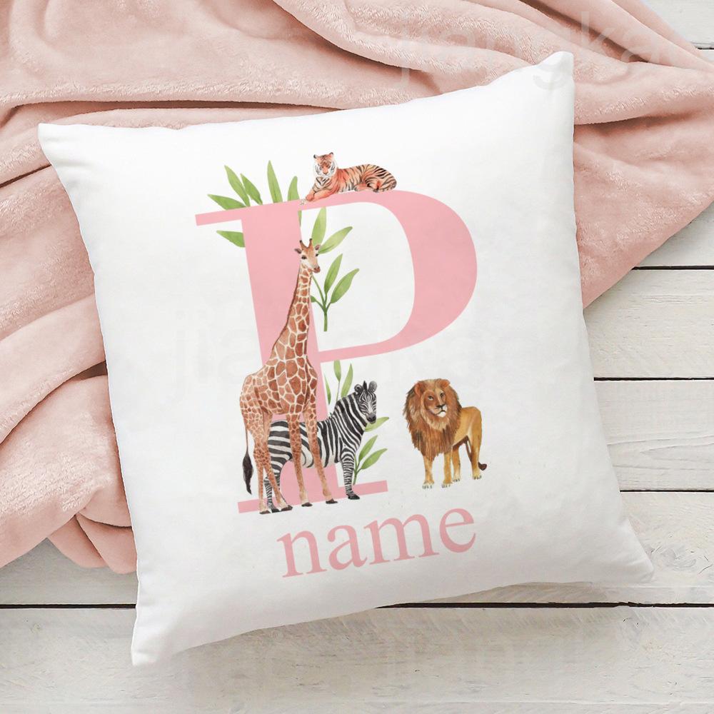 Personalized Pillow Case Initial with Name Safari Animal Pillow Cover Kids Bedroom Wild Party Decor Kids Birthday Shower Gift