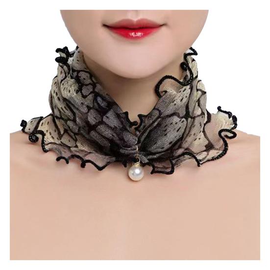 Faux Silk Scarf Lightweight Mesh Soft Shiny Touch Edge-covered Design Scarf with Faux Pearl Decor Neck Decoration