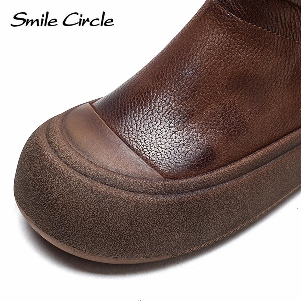 Женские ботинки из натуральной кожи, ботильоны с круглым носком и боковой молнией, модная повседневная обувь на массивном каблуке