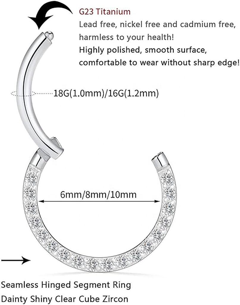 ASTM F-136 G23 Титановые CNC Передние Шарнирные Сегменты для Пирсинга Уха Daith, Инкрустированные Цирконами, Кольца-Кликеры для Септума, Кольца для Носа и Ушей