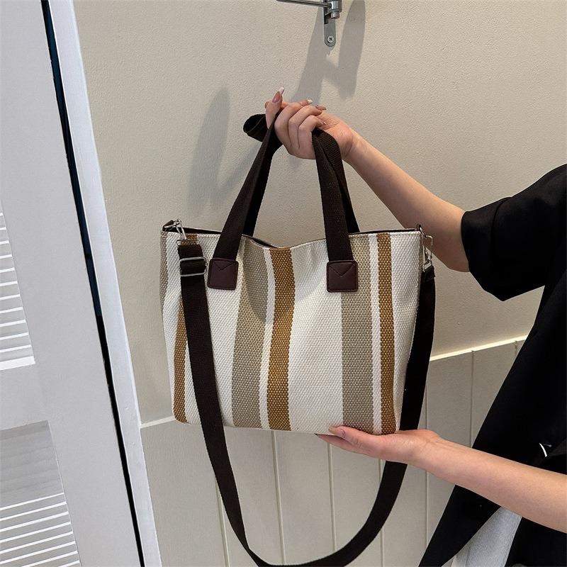 Big Bag Women's Fashion Striped Canvas Commuter Tote Stylish One-shoulder Crossbody Mommy Bag