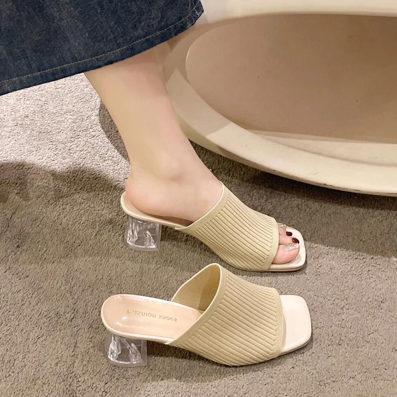 Fashion New Fashion Summer Sexy Women's Transparent Thick Heel SandalsElegant Party Banquet Square Toe Medium Heel Mesh Slippers