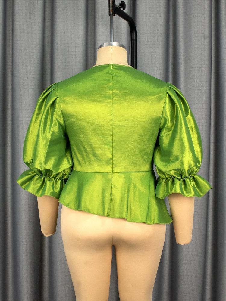 Элегантная женская блузка для вечеринки, рубашка с круглым вырезом, короткими рукавами-буфами, нерегулярным пеплумом, скрывающая живот, облегающие модные топы, женский день рождения, новая