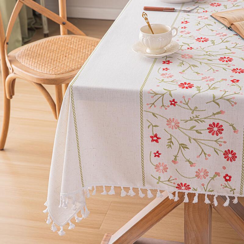 Embroidered Tassel Imitation Cotton Linen Tablecloth