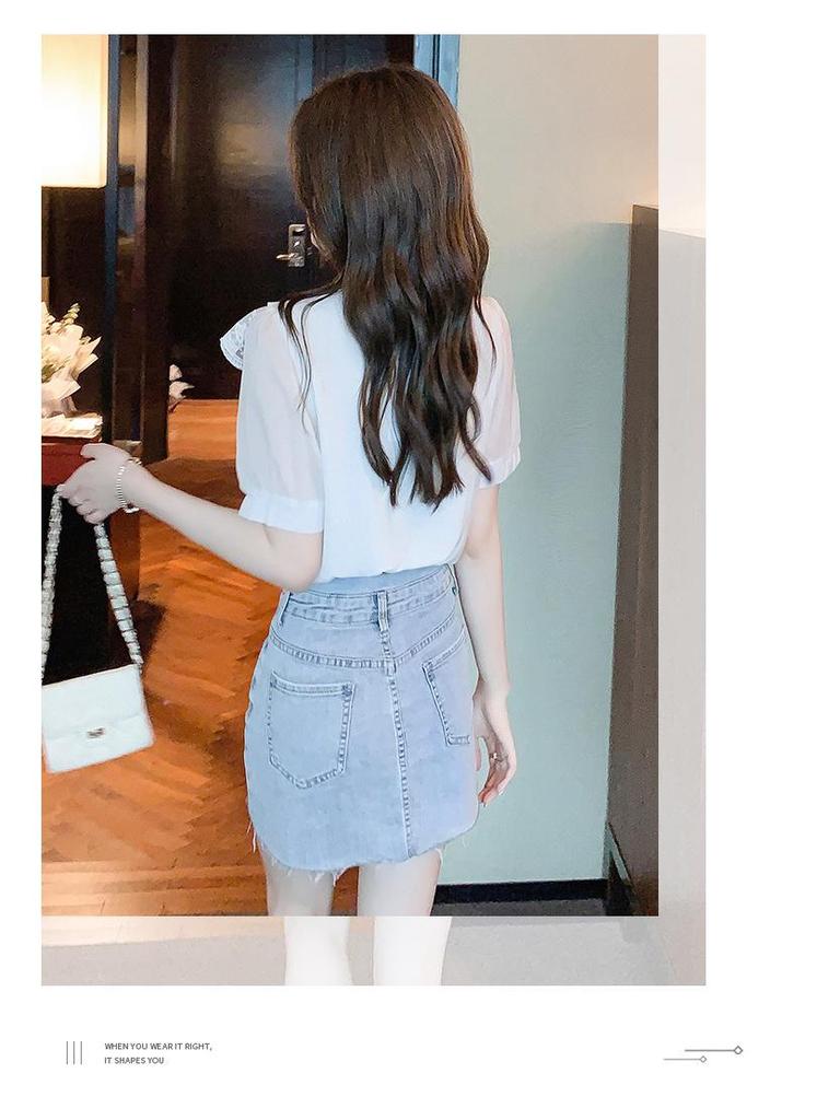 Women's V-Neck Ruffle Lace Chiffon Blouse - Summer 2025 Collection