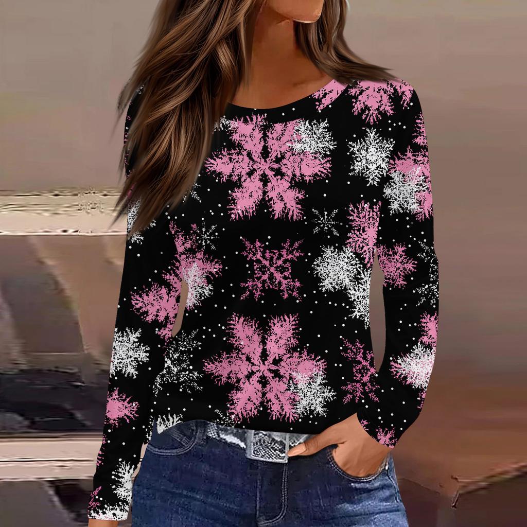 Women's Fashion Casual Slit Hem Round Neck Long Sleeve Loose Christmas Printed T-Shirt Ladies Top