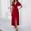 Women's Casual Long Formal Dresses Evening Gowns Solid Color Split Elegant V-Neck A-Line Short Sleeve Wedding Dresses Guest Gowns