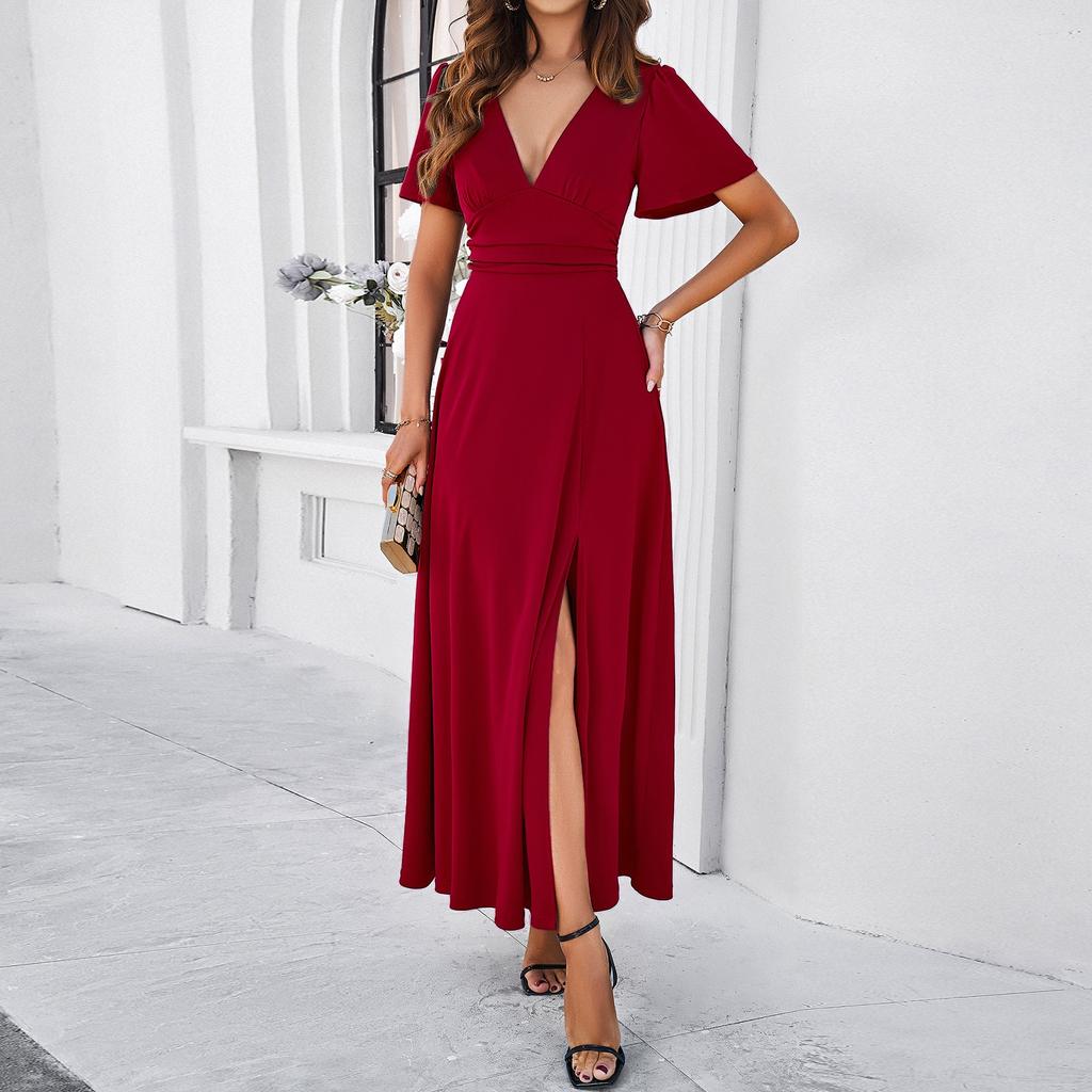 Women's Casual Long Formal Dresses Evening Gowns Solid Color Split Elegant V-Neck A-Line Short Sleeve Wedding Dresses Guest Gowns