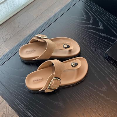 Версия из коровьей кожи~ регулируемый ремешок на пальце квадратная пряжка шлепанцы на плоской подошве женская уличная обувь