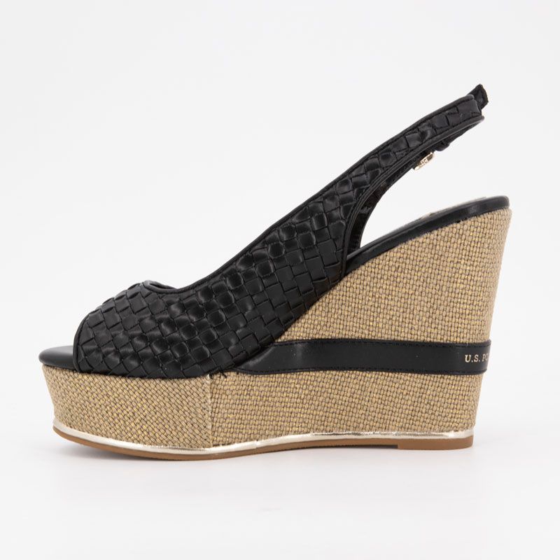 Женские плетеные босоножки на танкетке с золотым логотипом US POLO