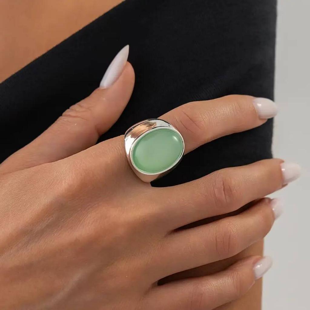 SHIXIN Vintage Oval Green Resin Finger Ring Women Minimalist Geometry Irregular Silver Color Rings Wedding Party Jewelry Gifts