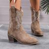 Осенние женские сапоги в стиле вестерн с острым носком и толстым каблуком, новые римские вышитые сапоги до середины голени для женщин, обувь на каблуке, женские сапоги