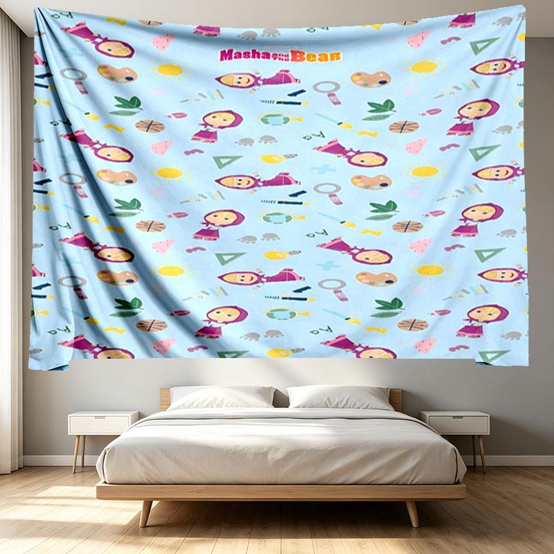 Masha and The Bear Print Tapestry - Portable Wall Decor Cloth, for Home, Dorm, Travel, Bedroom, Living Room - Ideal Birthday Housewarming Gift