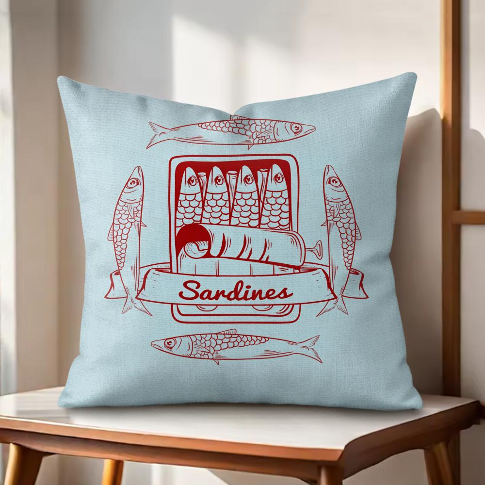 Sardines Art Cushion Cover Natural Linen Organic Fabric DoubleSided Printing Couch Pillow Covers Home Decor