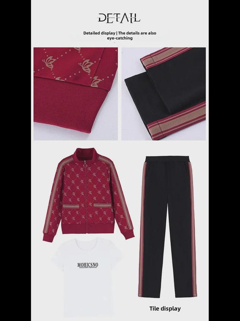 2024 Spring Women's Casual Three-Piece Contrast Color Sports Suit for Middle-Aged Mothers