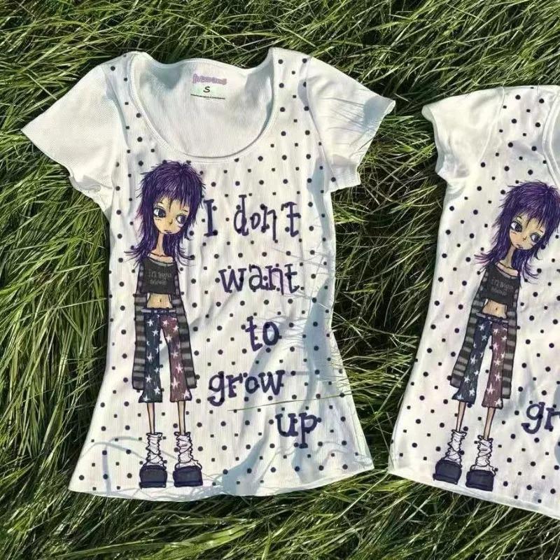 2KWEIRD Japanese Retro Subculture Cartoon Print T-shirts Summer Harajuku Polka Dot Short-sleeved Tees Women's Punk Hottie Slim-fit Tops