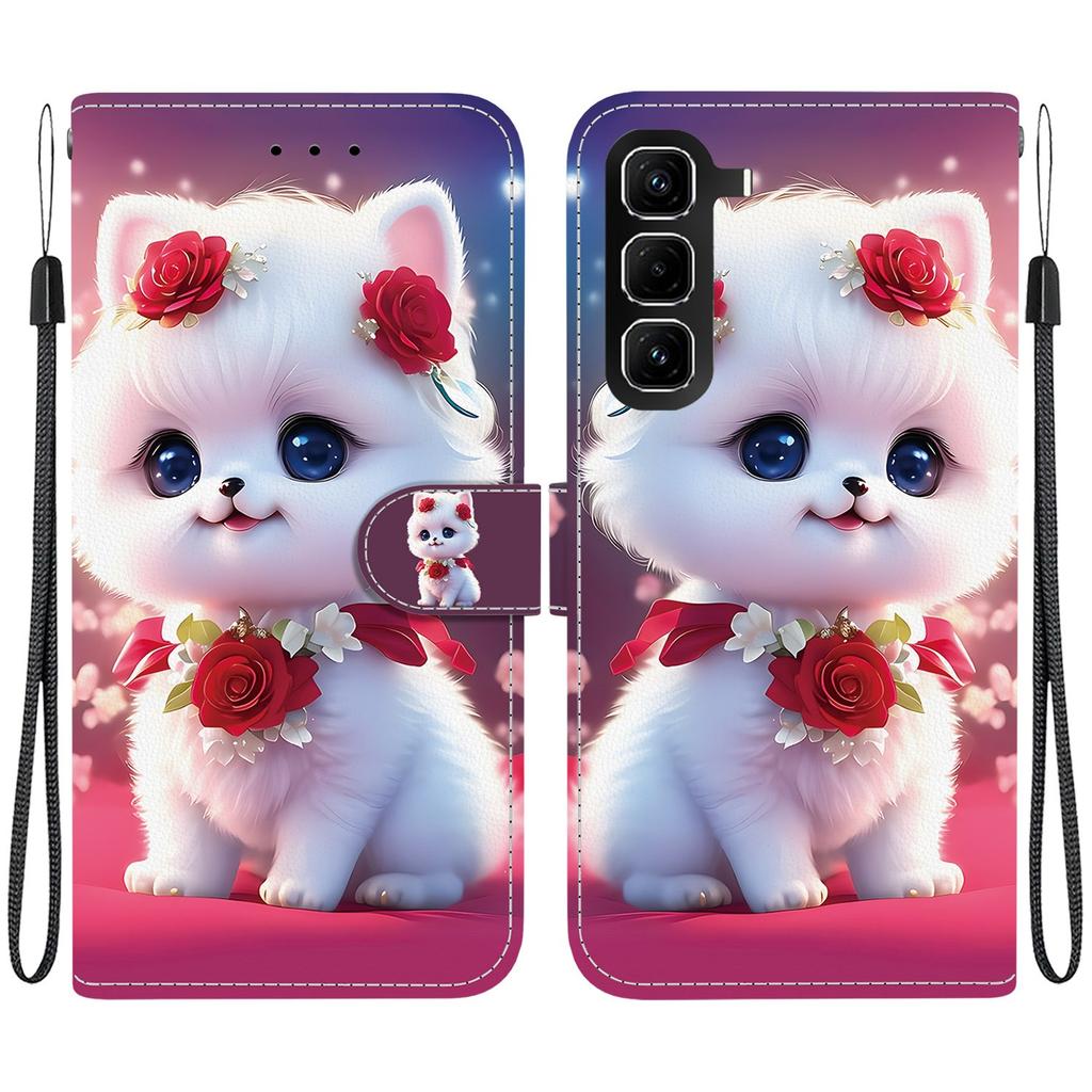 Handmade PU Leather Flip Case for Infinix Hot 50 Pro+ 4G (X6880) Anti-Slip Shockproof Cover with Wrist Strap & Heart/Rose Cat Designs