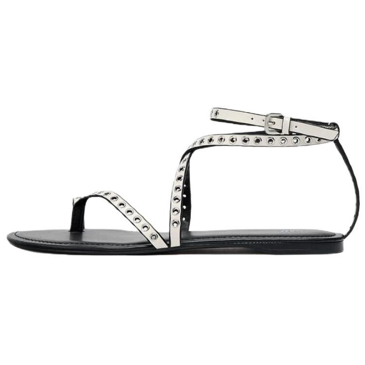 Zara Pu Open Toe Fashion Studded Flat One Strap Sandals 1Cm Women Sandals White 1618510001