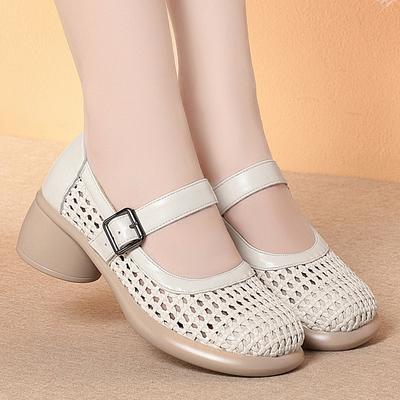 5 см Удобные Под все Натуральная Кожа Сандалии Круглый Носок Вырез Отверстие Обувь 2025 Лето Средний Блок Каблуки Сандалии Офис Мама