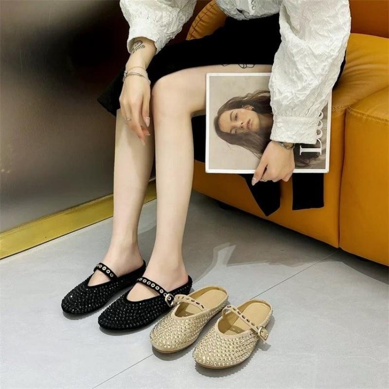 Fashion Vintage Rhindiamonds Soft Bottom Mary Jane Baotou Half Slippers Women 2025 New Spring Wear Lazy Sandals