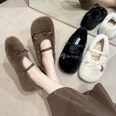 Белые туфли Мэри Джейн на плоской подошве, пушистые туфли, женская обувь, одежда 2025, новая осенне-зимняя бархатная французская нежная одинарная обувь